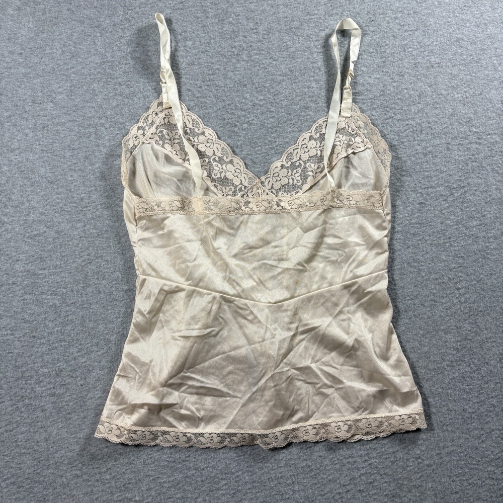 Vtg 80s 90s Lace Trim Camisole Top Champagne Beige Silky Satin Lingerie Cami S - Picture 3 of 4